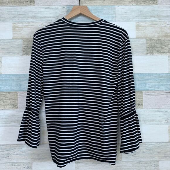 LOFT Floral Embroidered Striped Top Black White Bell Sleeve Womens Medium - Picture 5 of 12